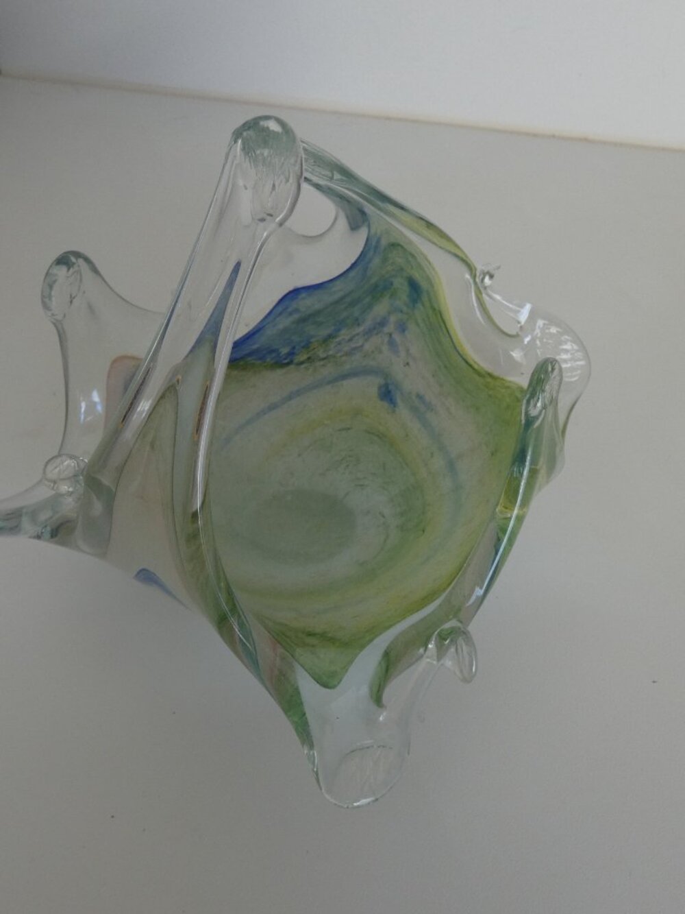 Vintage Lavorazione Arte Swirl Hand Blown Blue Green Art Glass Basket Bowl